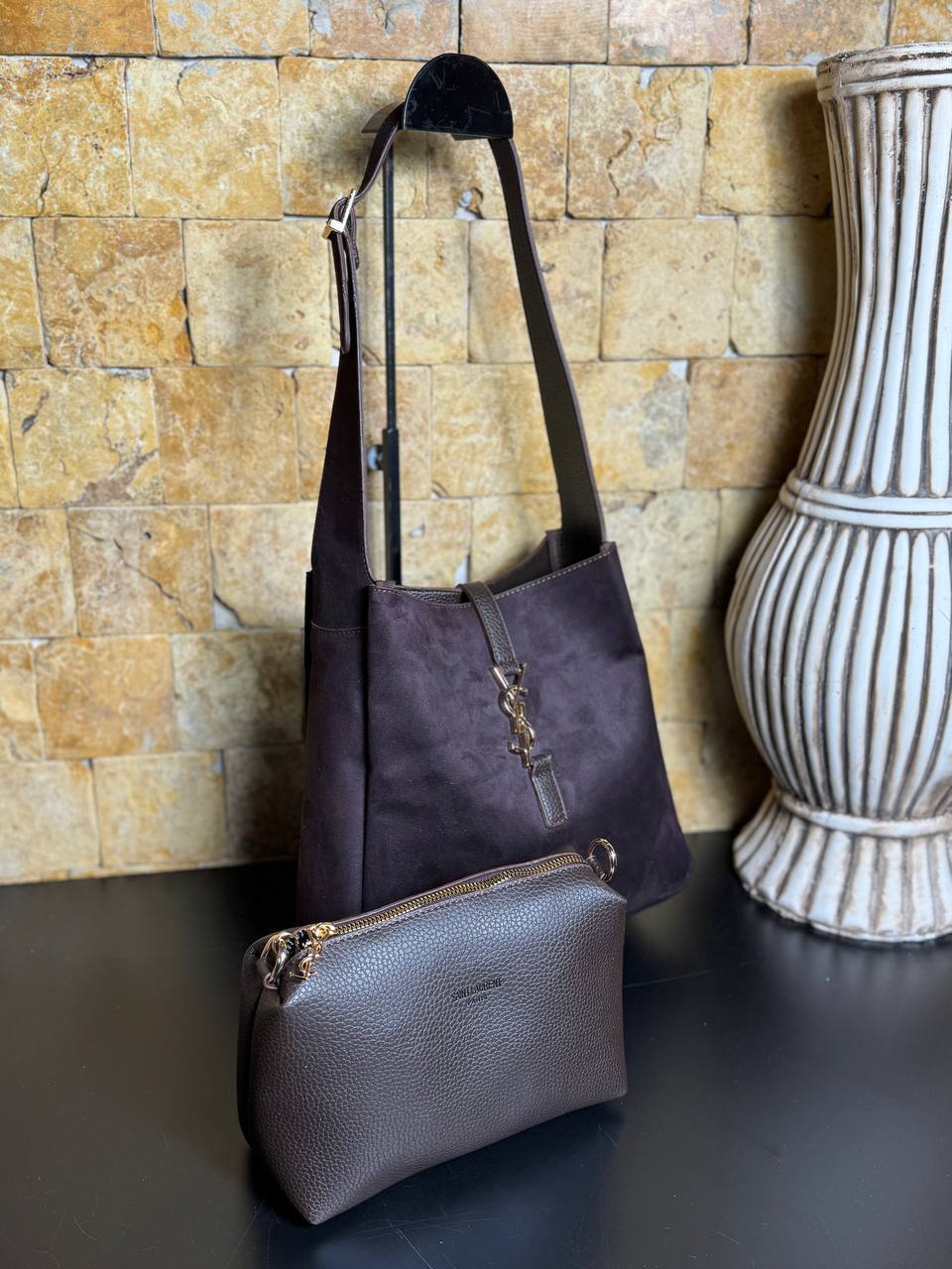 YSL Saint Laurent LE 5 À 7 supple small Suede με Νεσεσέρ – Καφέ Σοκολατί