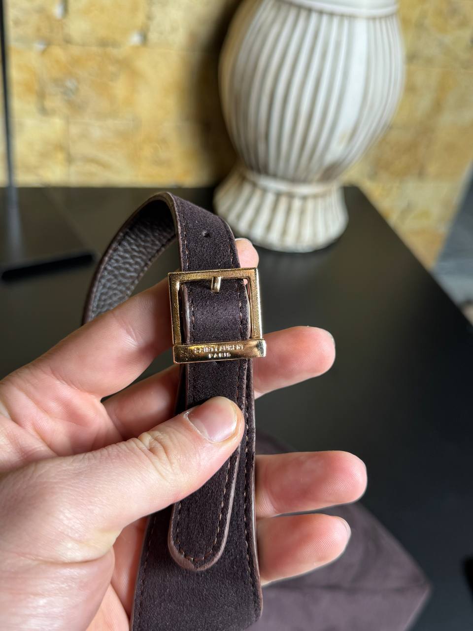 YSL Saint Laurent LE 5 À 7 supple small Suede με Νεσεσέρ – Καφέ Σοκολατί
