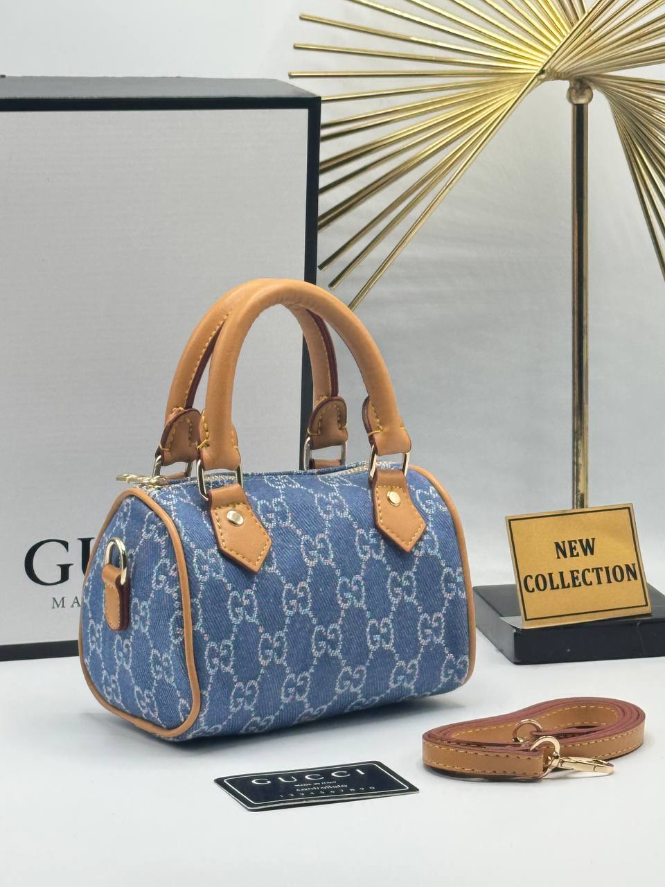 Gucci GG Denim Mini Boston Bag με Λουρί Χειρός & Χιαστί