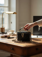 Chanel black quilted synthetic leather vanity crossbody bag with gold chain strap and CC logo, featuring a built-in mirror.