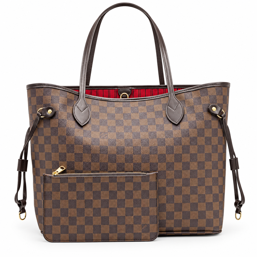 Louis Vuitton Neverfull MM Damier Ebene με νεσεσέρ σε λευκό φόντο