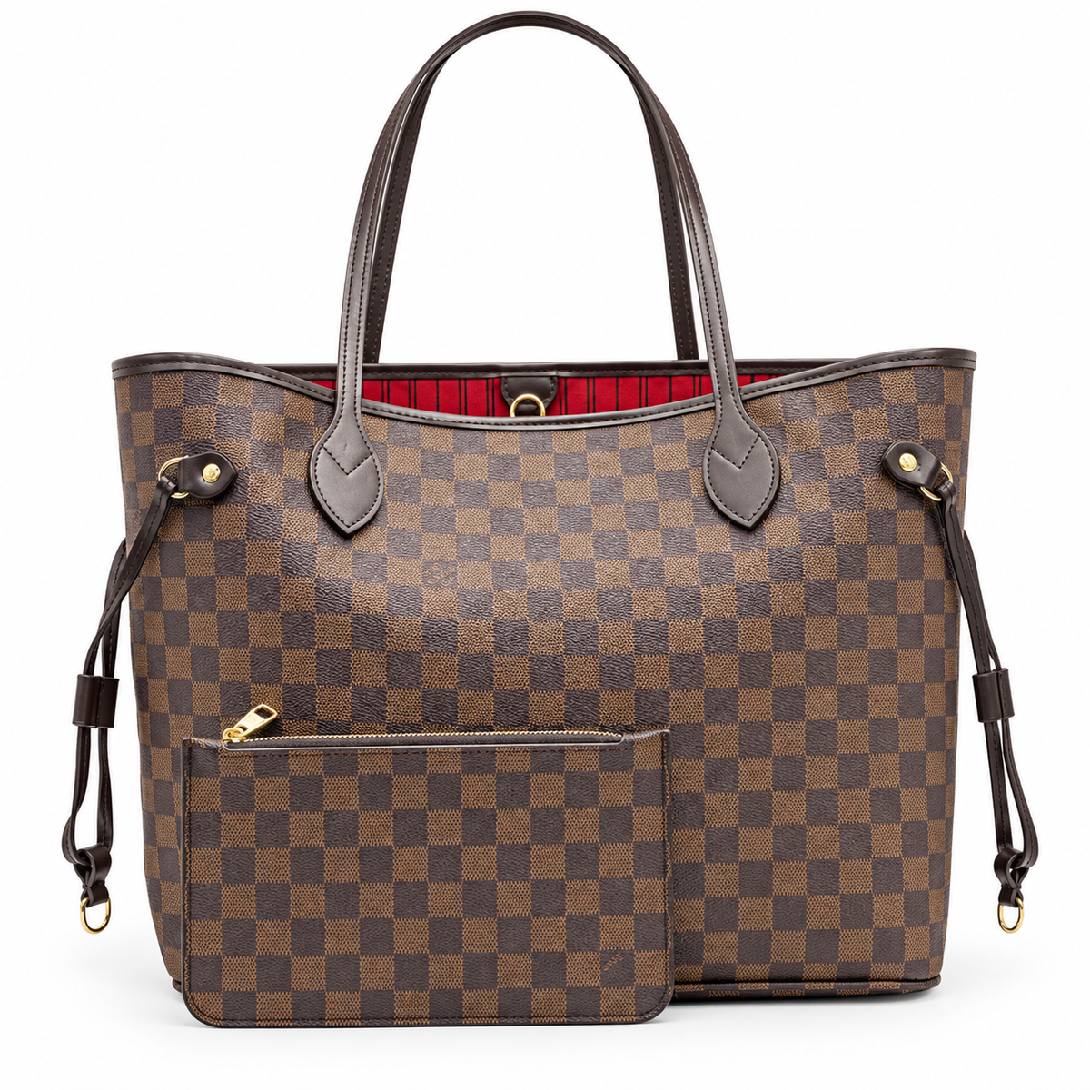 Louis Vuitton Neverfull MM Damier Ebene με νεσεσέρ σε λευκό φόντο
