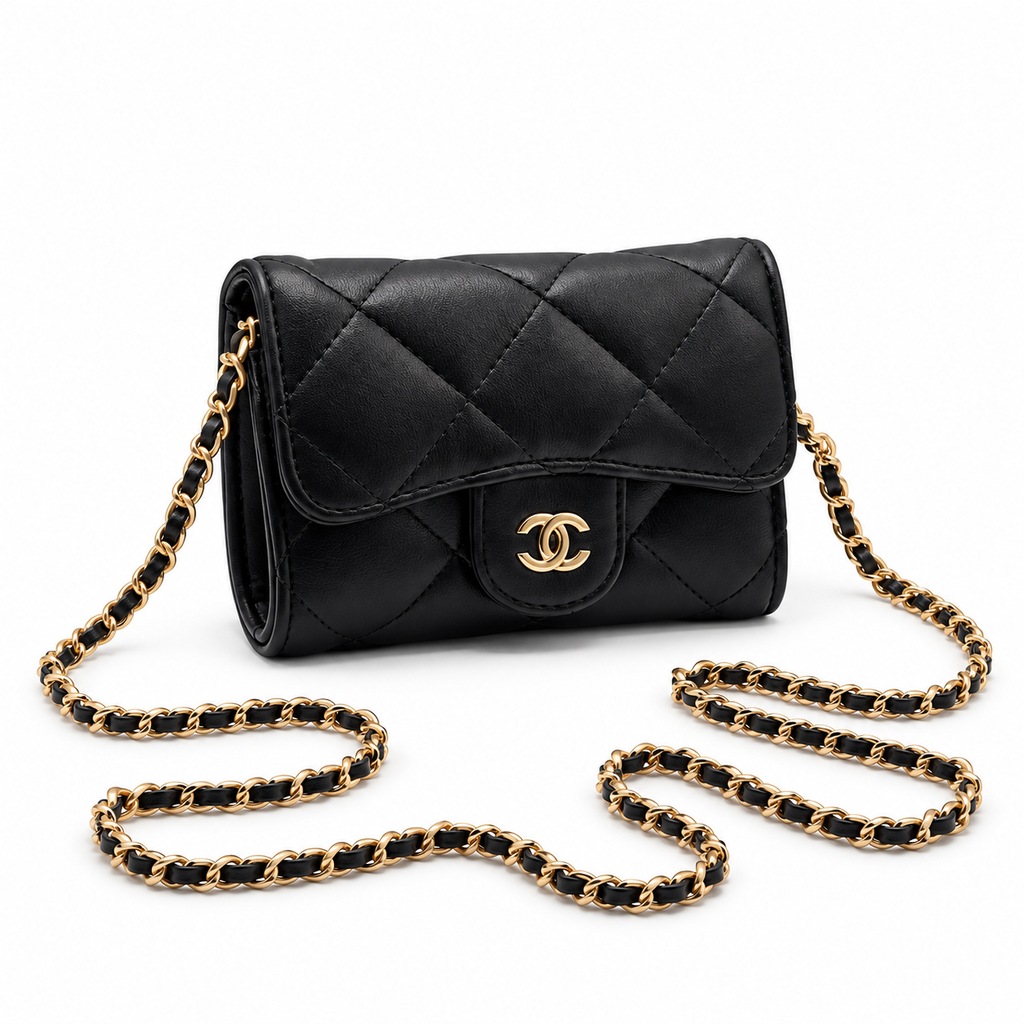 Μαύρη mini καπιτονέ Chanel με χρυσή αλυσίδα σε λευκό φόντο