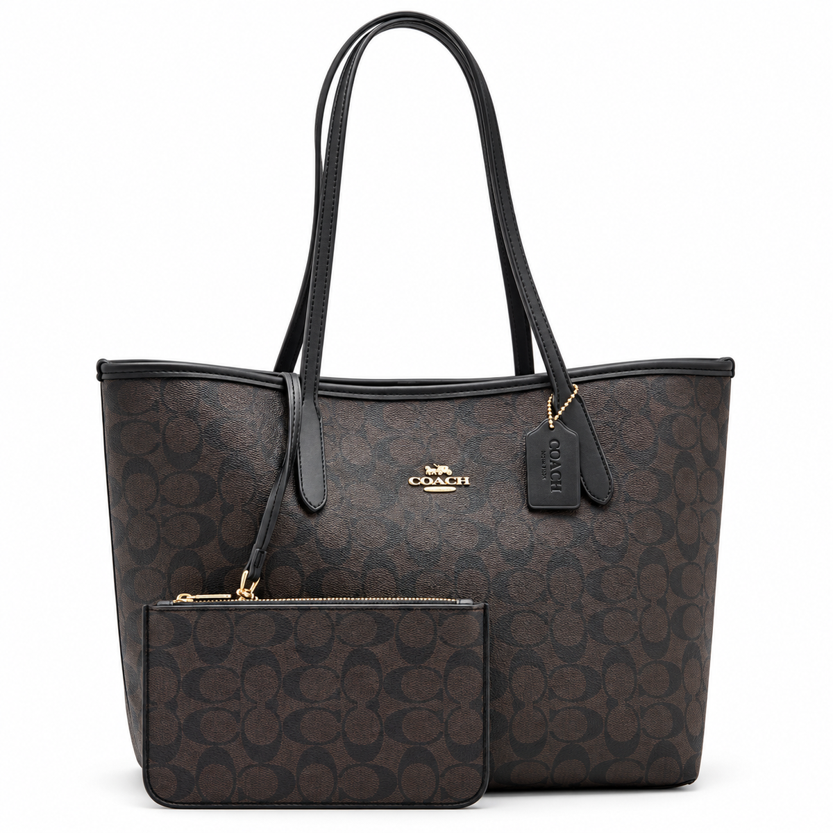 Coach Signature καφέ μαύρη tote με νεσεσέρ σε λευκό φόντο