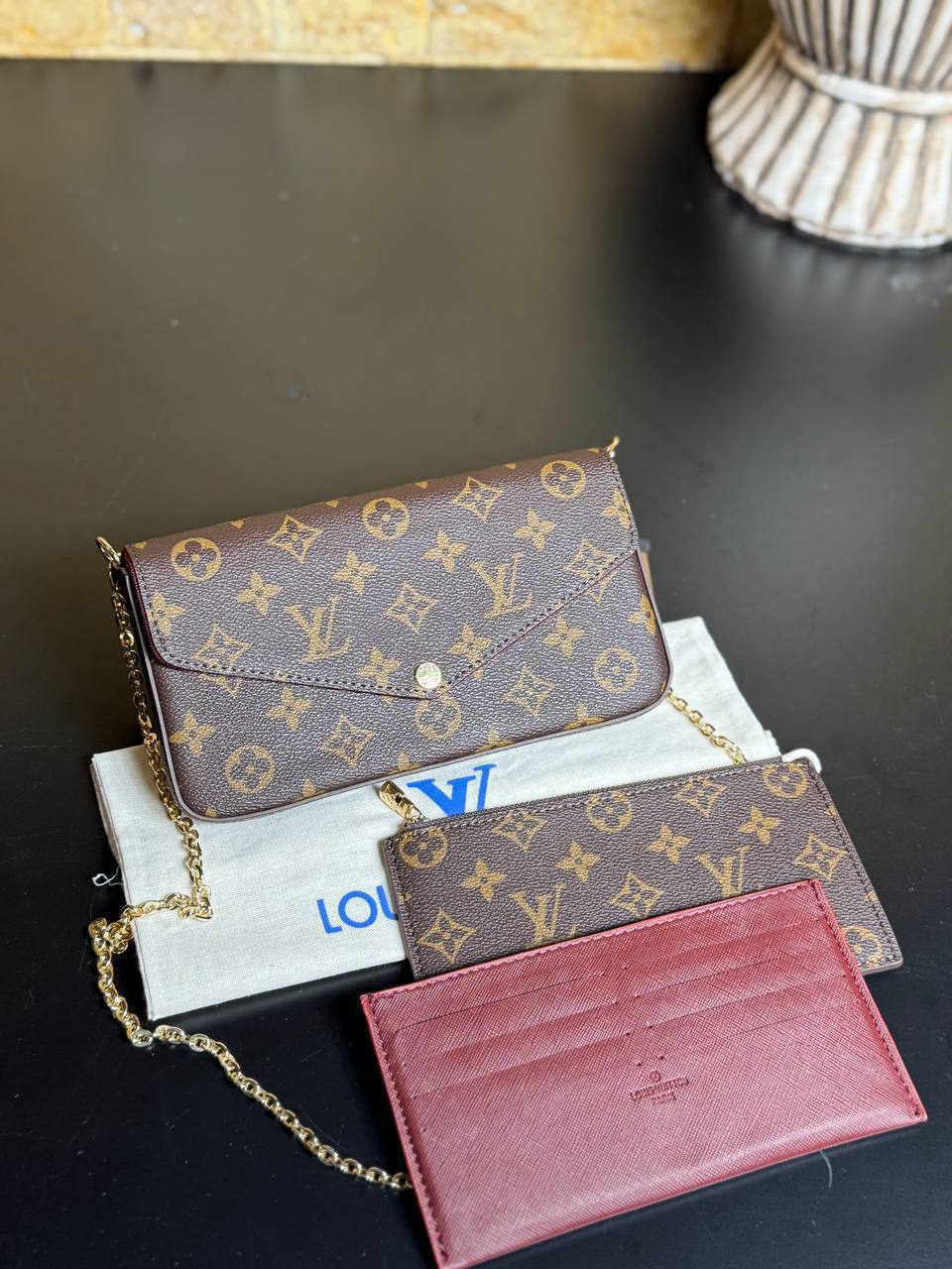 Louis Vuitton Félicie Pochette καφέ Monogram με αλυσίδα και εσωτερικές θήκες