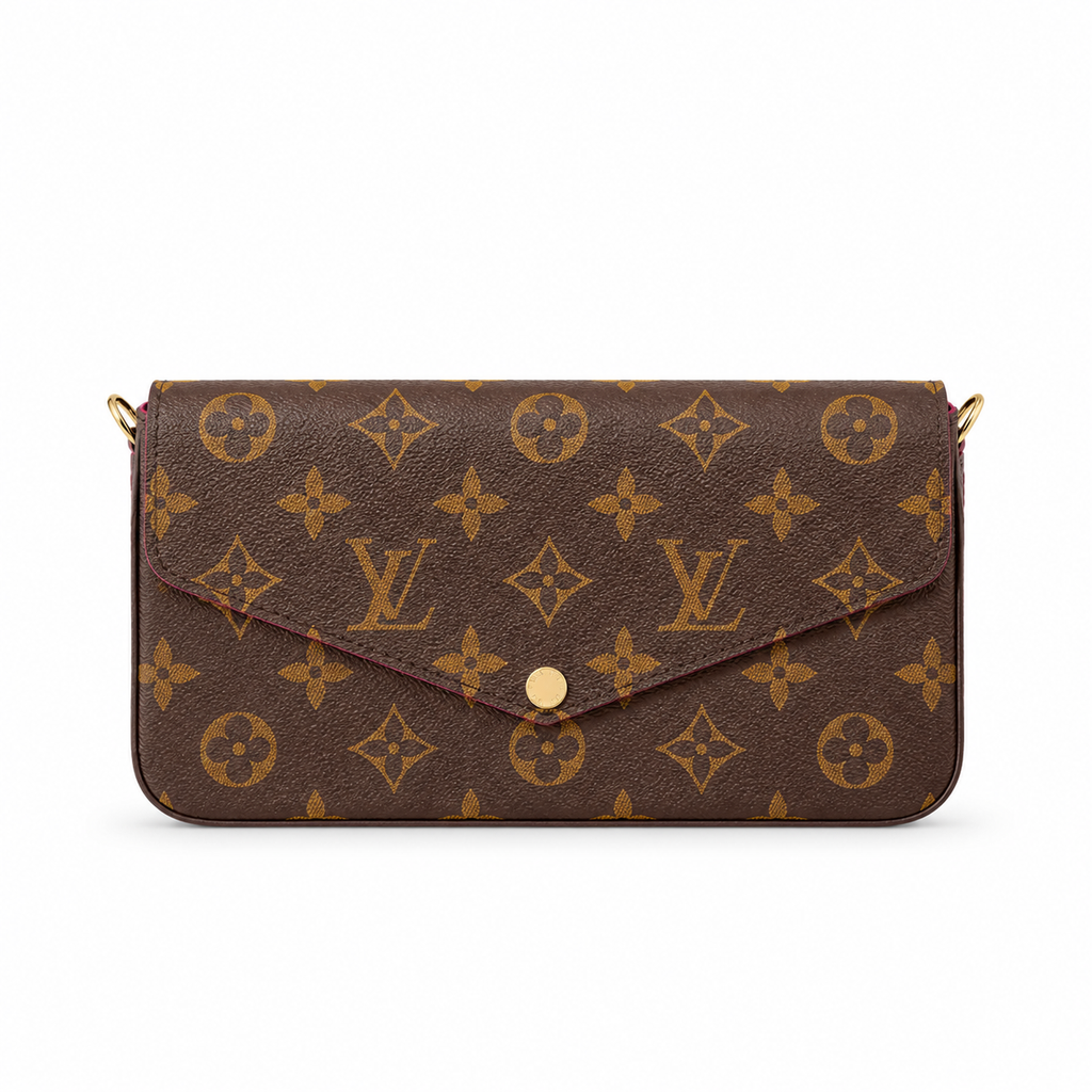 Louis Vuitton Félicie Pochette καφέ Monogram σε λευκό φόντο