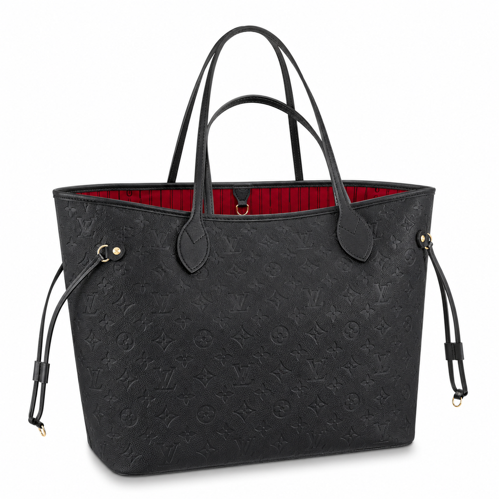 Louis Vuitton Neverfull MM μαύρη Monogram Empreinte σε λευκό φόντο