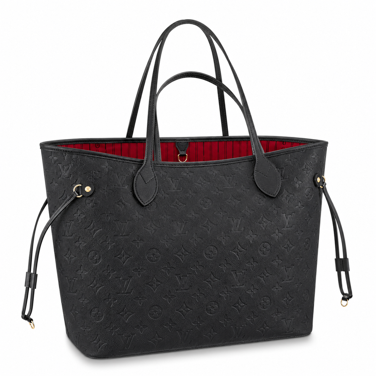 Louis Vuitton Neverfull MM μαύρη Monogram Empreinte σε λευκό φόντο