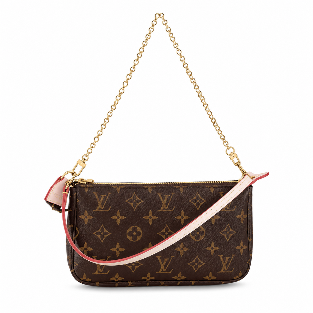Louis Vuitton Pochette Accessoires Monogram με ροζ λουράκι 23,5 × 13,5 × 4 cm