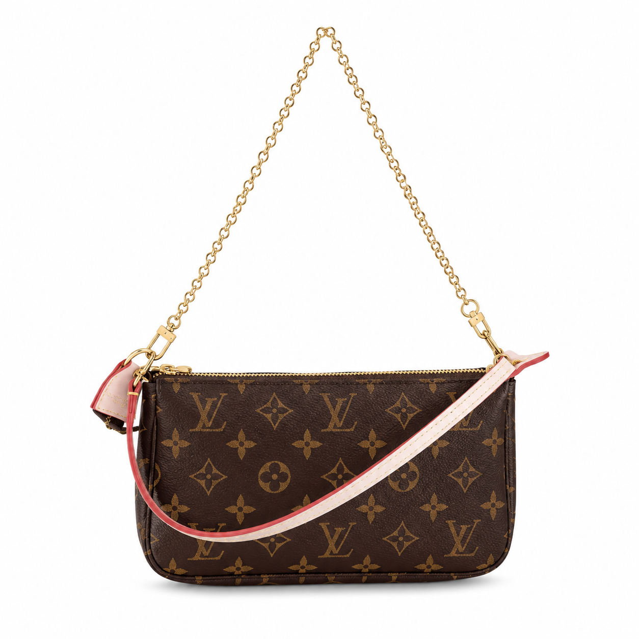 Louis Vuitton Pochette Accessoires Monogram με ροζ λουράκι 23,5 × 13,5 × 4 cm