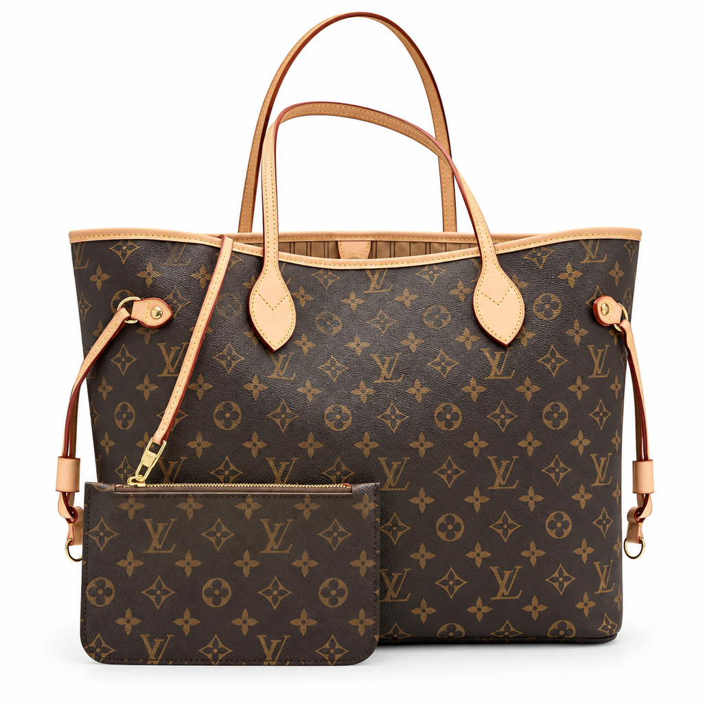 Louis Vuitton Tote Bag Neverfull με νεσεσέρ σε λευκό φόντο