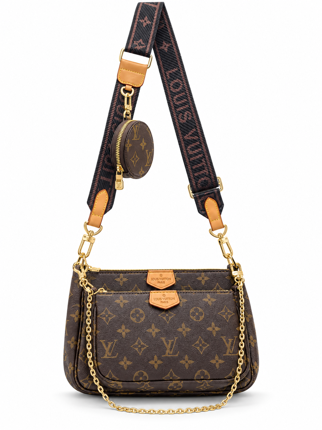 Louis Vuitton διπλή pochette monogram με στρογγυλό τσαντάκι σε λευκό φόντο