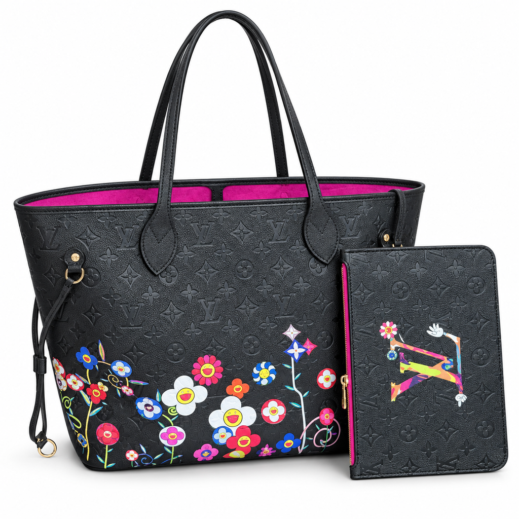 Louis Vuitton LV x TM Neverfull MM μαύρη με πολύχρωμα λουλούδια και νεσεσέρ σε λευκό φόντο