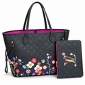 Louis Vuitton LV x TM Neverfull MM μαύρη με πολύχρωμα λουλούδια και νεσεσέρ σε λευκό φόντο