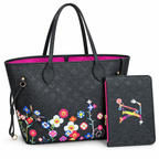 Louis Vuitton LV x TM Neverfull MM μαύρη με πολύχρωμα λουλούδια και νεσεσέρ σε λευκό φόντο