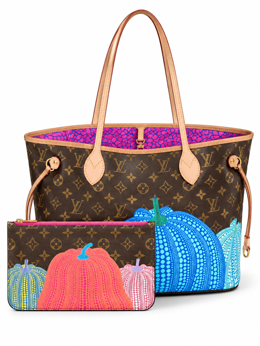 Louis Vuitton Neverfull με κολοκύθες και pouch σε λευκό φόντο