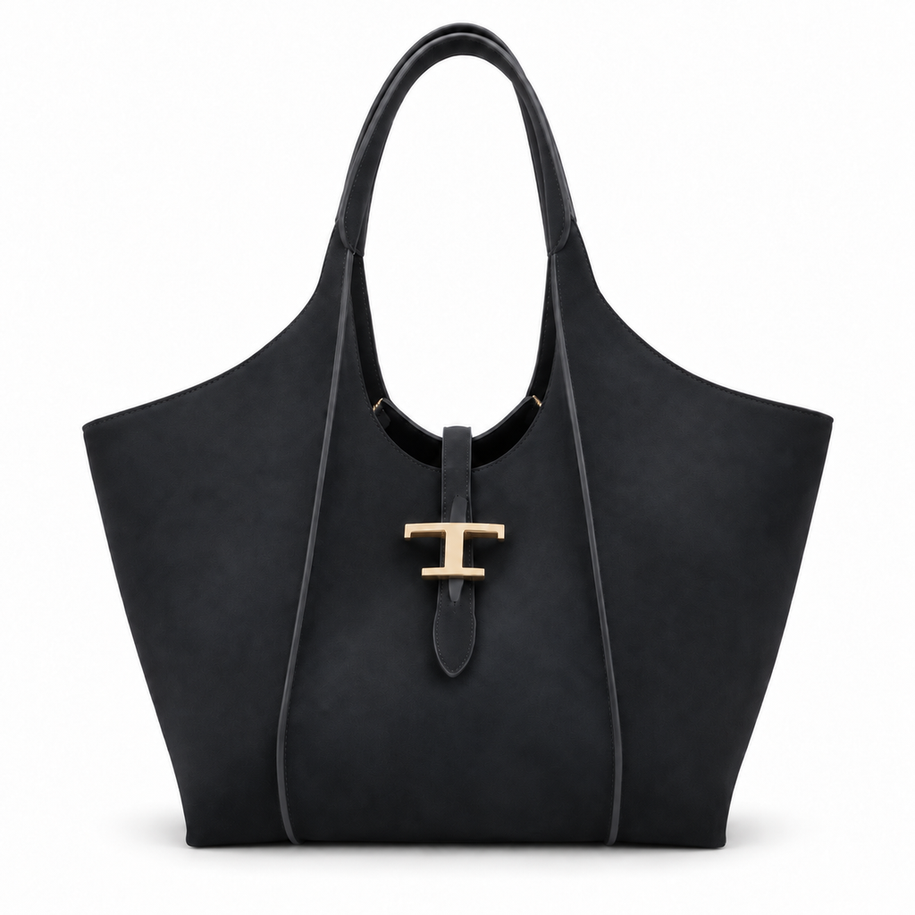 Tod's T Timeless μαύρη shopping bag με χρυσό μεταλλικό Τ