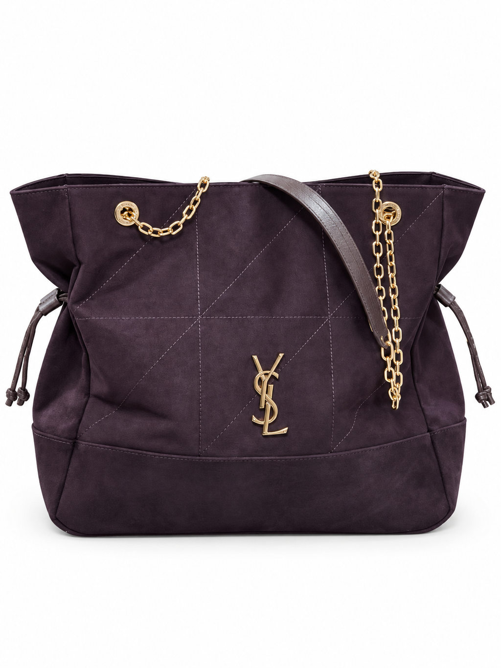YSL tote με γεωμετρικές ραφές και χρυσή αλυσίδα σε λευκό φόντο
