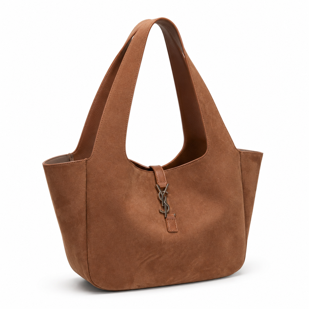 YSL Saint Laurent Le 5 À 7 Bea suede ταμπά καραμελέ – πλάγια όψη σε λευκό φόντο